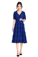 Load image into Gallery viewer, FOCUS by Shani — Tiered Ruffle Trim Midi Dress in Navy