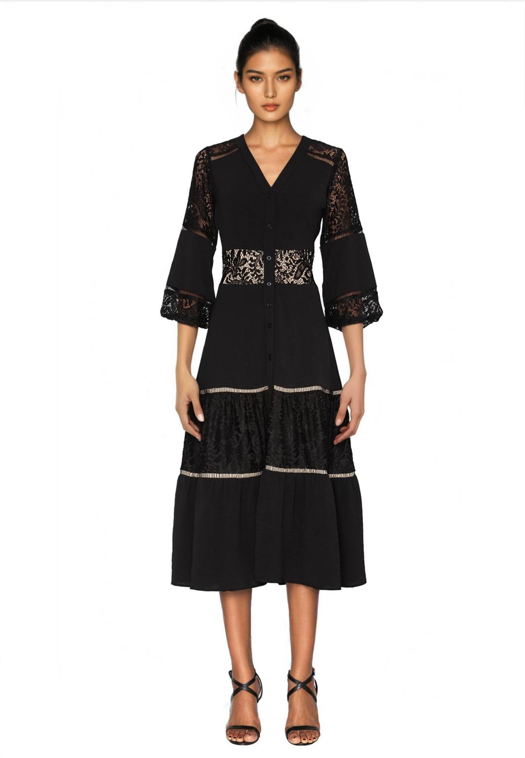 chinese dress ladies Focus by Shani — V-Neck Woven Shirt Dress with Lace Insets