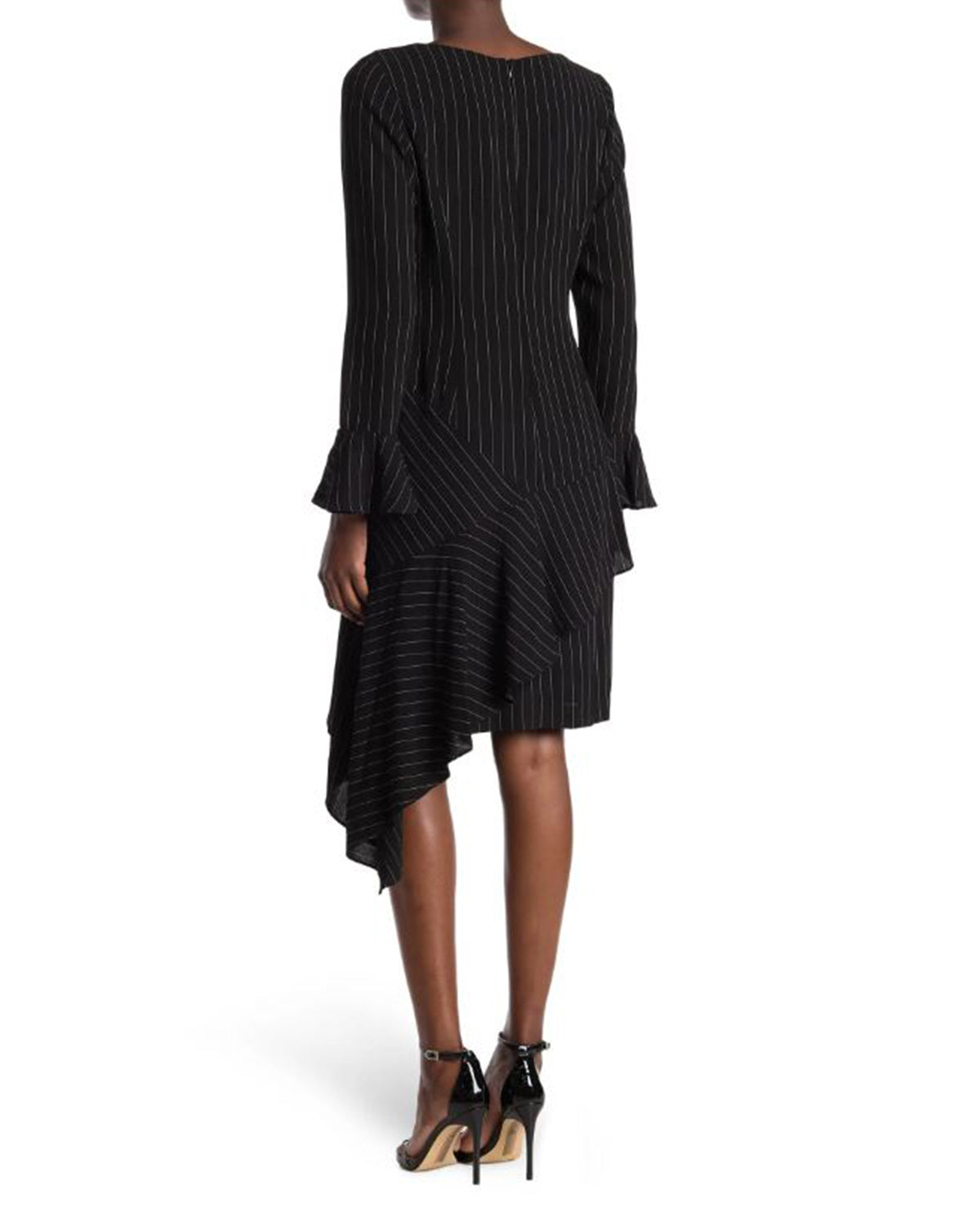 FOCUS by Shani V-Neck Pinstripe Asymmetric Ruffle Dress FOCUS by Shani V-Neck Pinstripe Asymmetric Ruffle Dress
