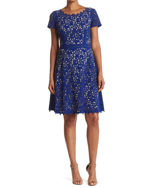 FOCUS by Shani — Laser Cut Fit & Flare Dress in Blue