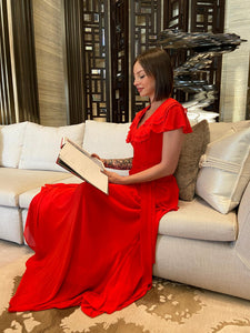 V-Neck Ruffle Georgette Fit and Flare Gown