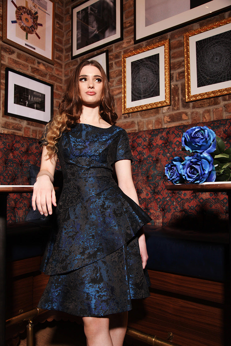 Buy Online Asymmetric Tiered Jacquard Dress in Blue for Women | Shani Collection Buy Online Asymmetric Tiered Jacquard Dress in Blue for Women | Shani Collection