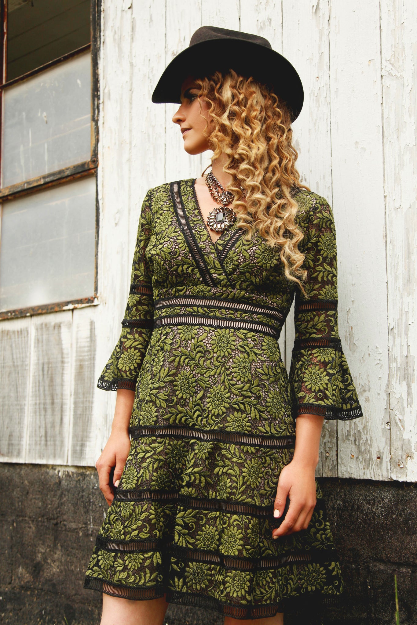 Shani Collection Bell-Sleeve Surplice Lace Dress in Green Size 4 Shani Collection Bell-Sleeve Surplice Lace Dress in Green Size 4