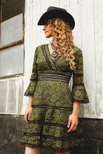 Load image into Gallery viewer, Surplice Neckline Bell-Sleeve Lace Dress - Green