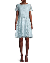 Load image into Gallery viewer, Fit and Flare Popover Lace Dress in Dusty Blue