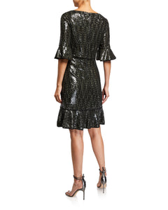 Grey V-Neck Sequin Dress with Flounce