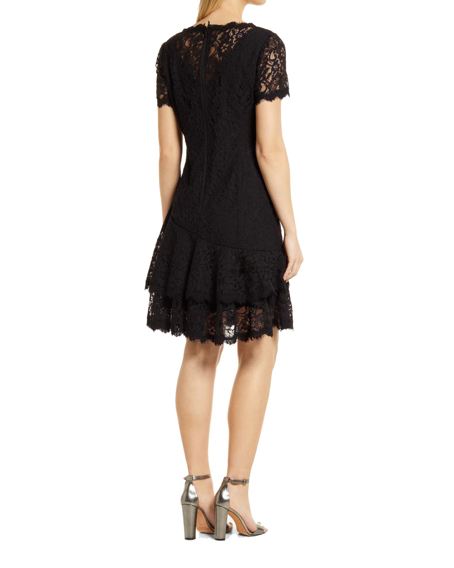 Shani Women's Short Sleeve Double Ruffle Lace Dress in Black Shani Women's Short Sleeve Double Ruffle Lace Dress in Black