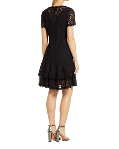 Short Sleeve Ruffle Lace Dress in Black