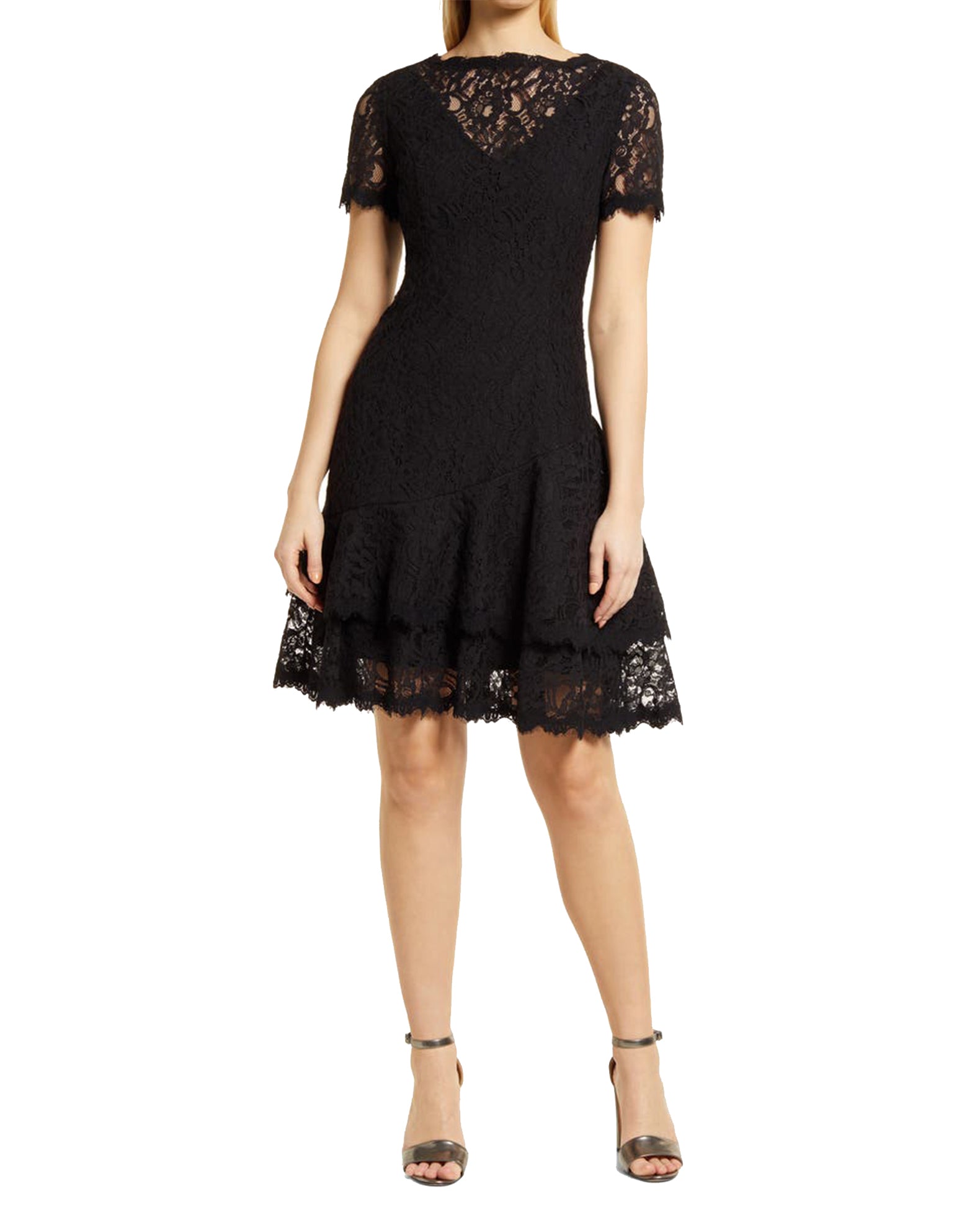Short Sleeve Ruffle Lace Dress in Black