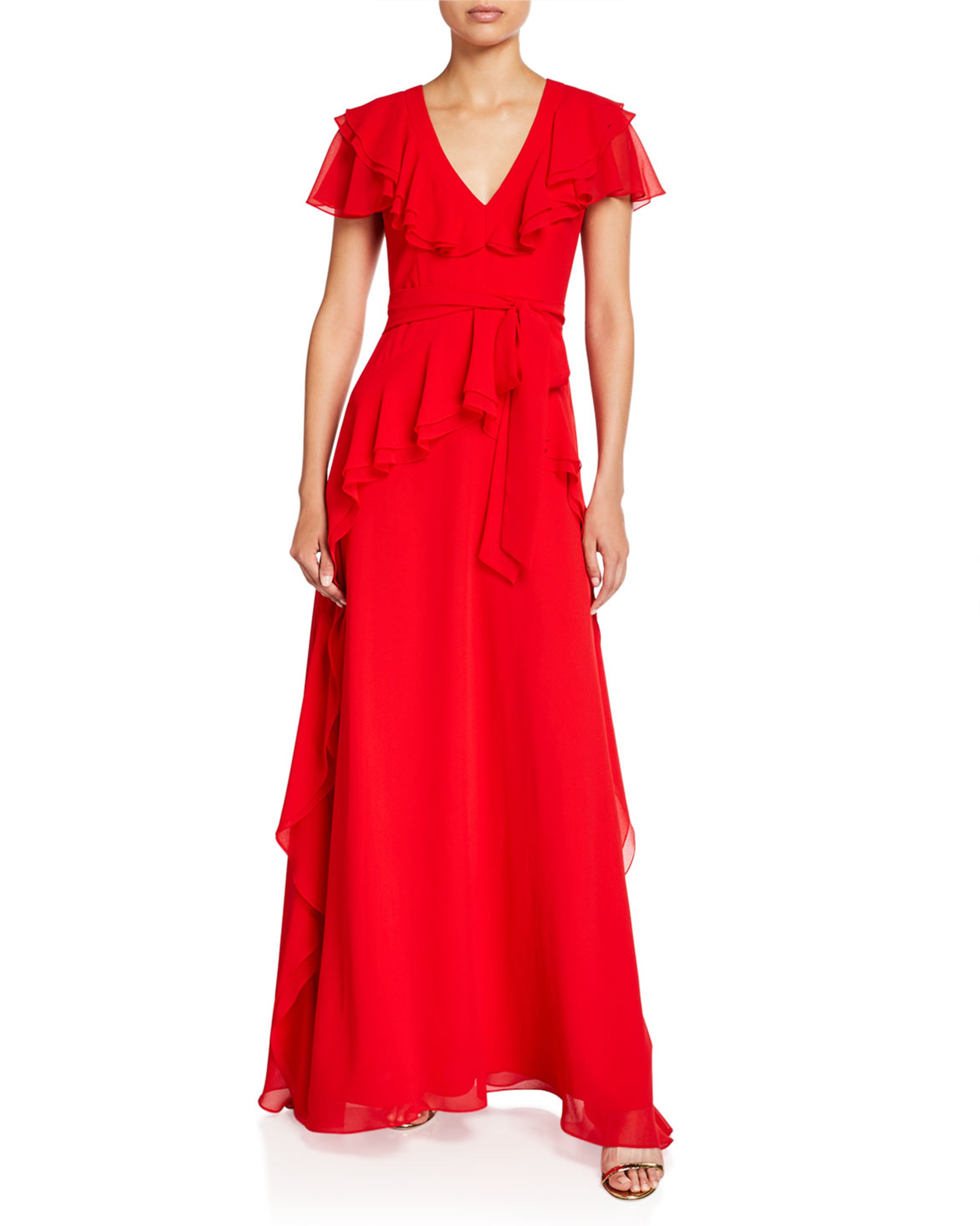 V-Neck Ruffle Georgette Gown Red - 1