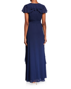 V-Neck Ruffle Georgette Gown Blue - 2