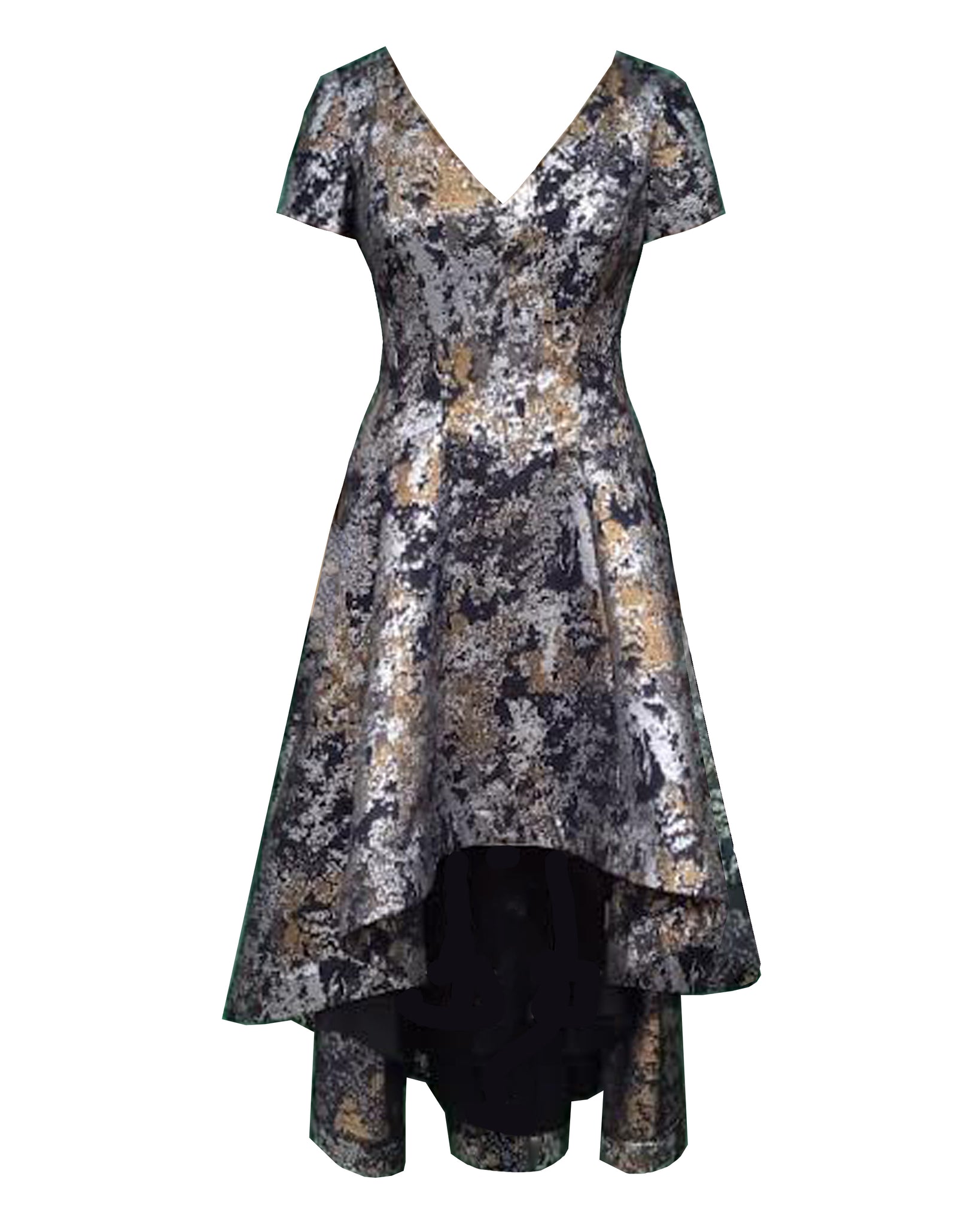 Shani Jacquard High-Low Fit & Flare Dress Black/Gold Shani Jacquard High-Low Fit & Flare Dress Black/Gold