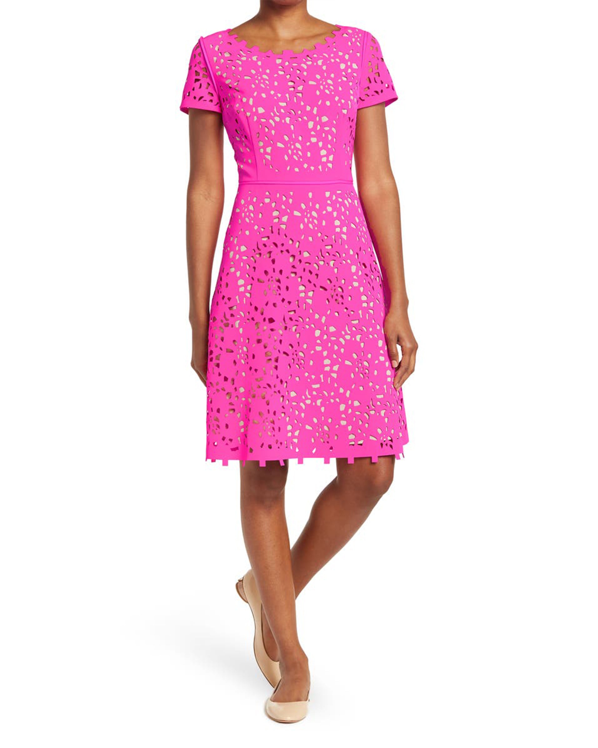FOCUS by Shani - Laser Cut Fit and Flare Dress - HOT PINK