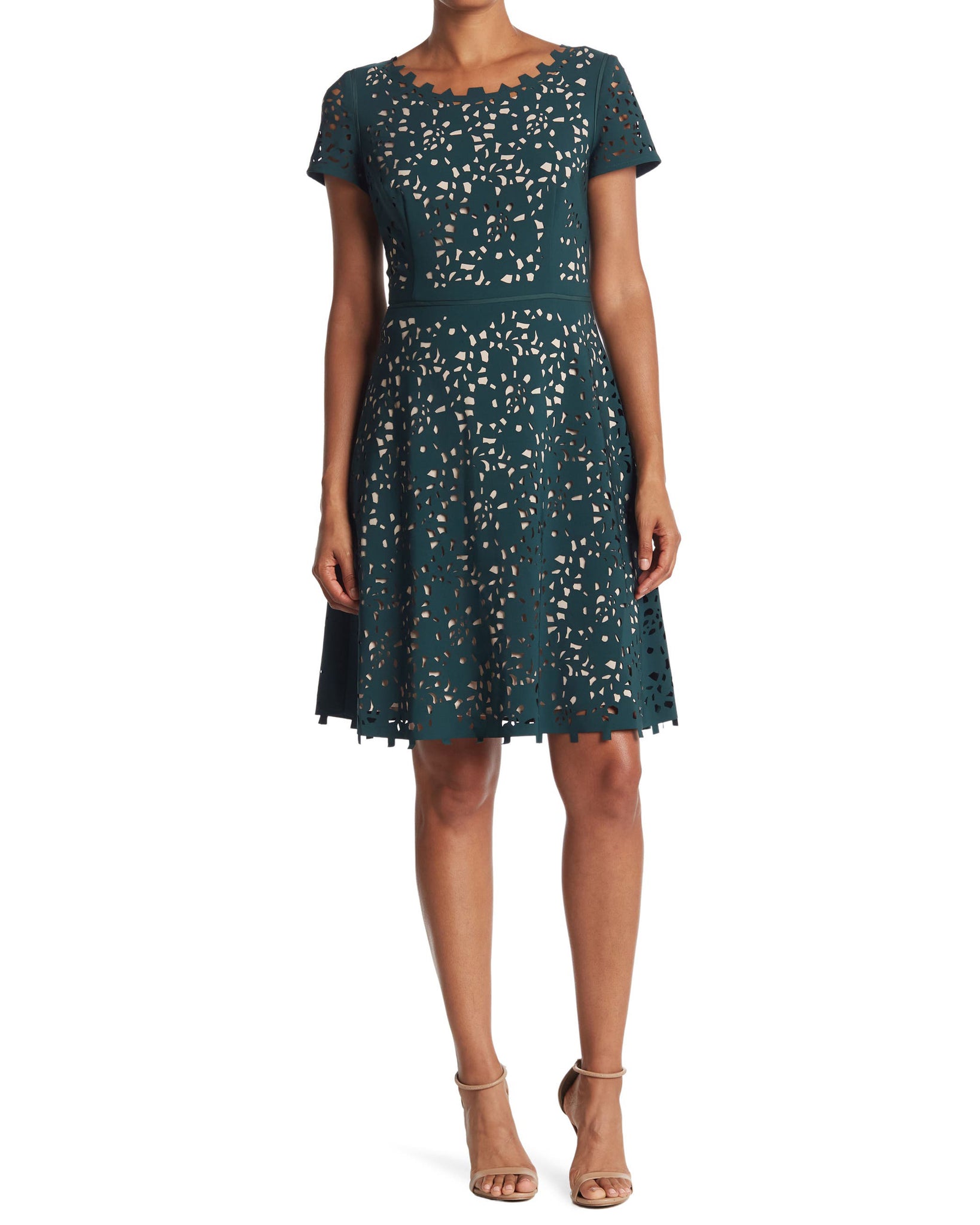 Buy Online FOCUS by Shani - Laser Cutting Fit and Flare Dress - GREEN ...