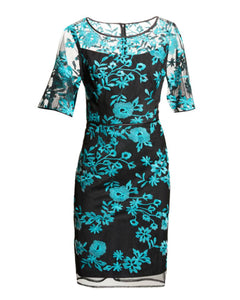 Embroidery Illusion Dress in Black/Teal