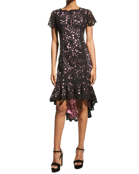 Hi-Lo Laser Cutting Dress in Black/Pink
