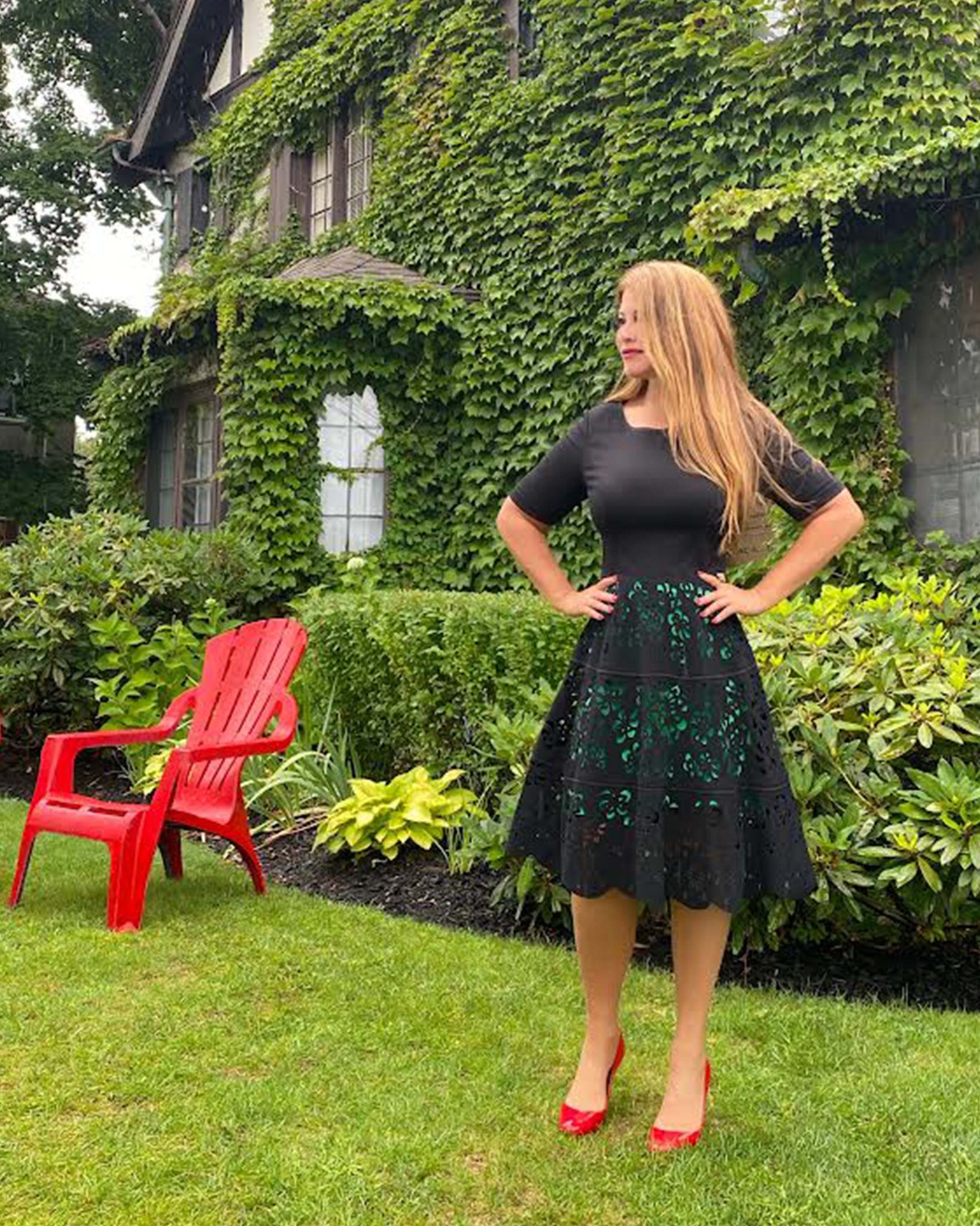FOCUS by Shani Laser Cut Ponte Knit Fit & Flare Dress in Green FOCUS by Shani Laser Cut Ponte Knit Fit & Flare Dress in Green
