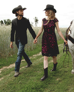 Off the Shoulder Laser Cutting Dress in Black/Pink