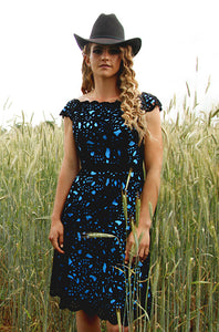 Off the Shoulder Laser Cutting Dress in Black/Blue