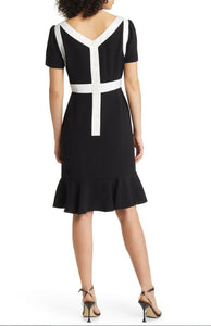 Colorblock Crepe Dress with Flounce Detail